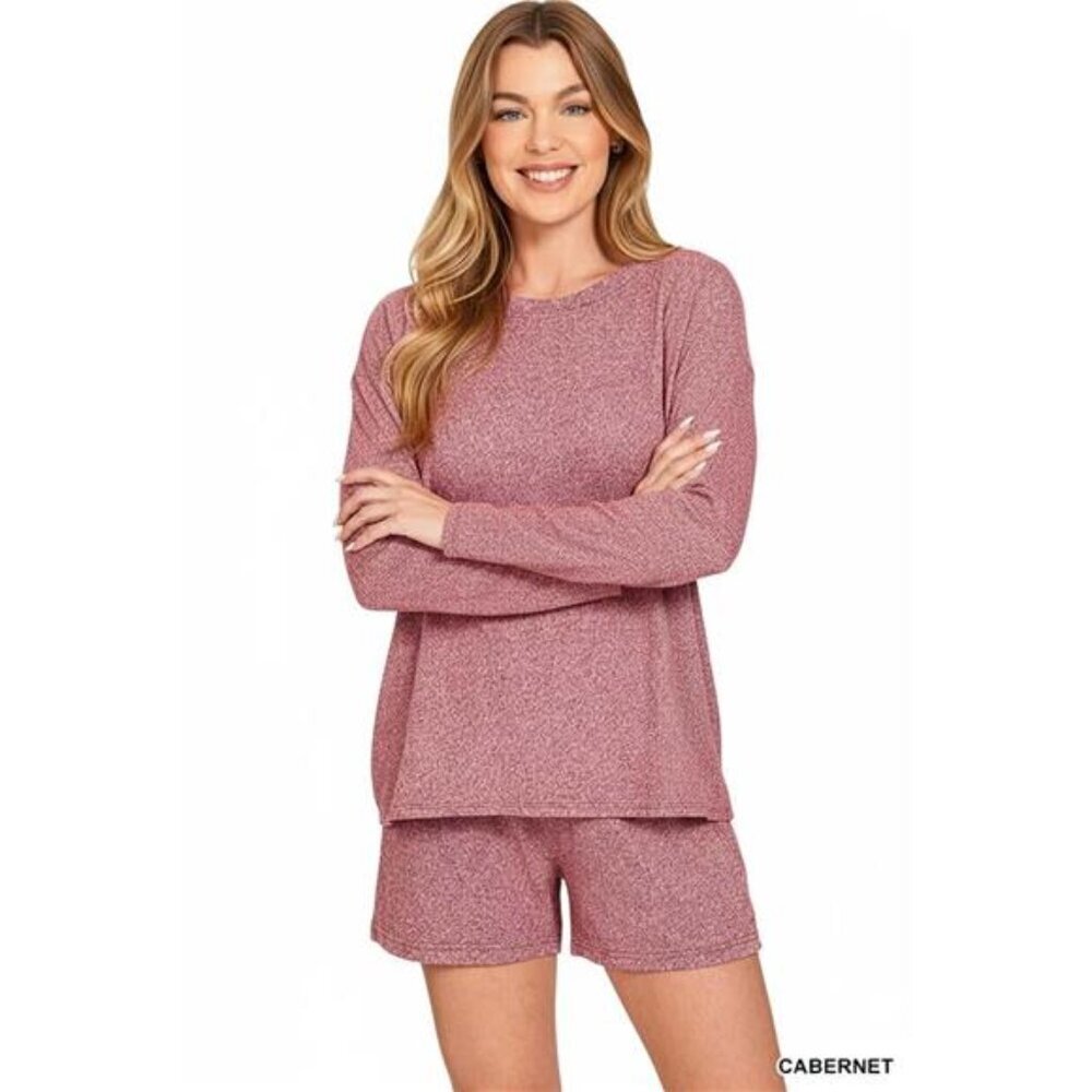 Zenana Soft Melange Long Sleeve Tee and Shorts Set